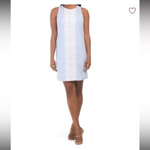 London Times Seersucker Shift Dress With Crochet Detail